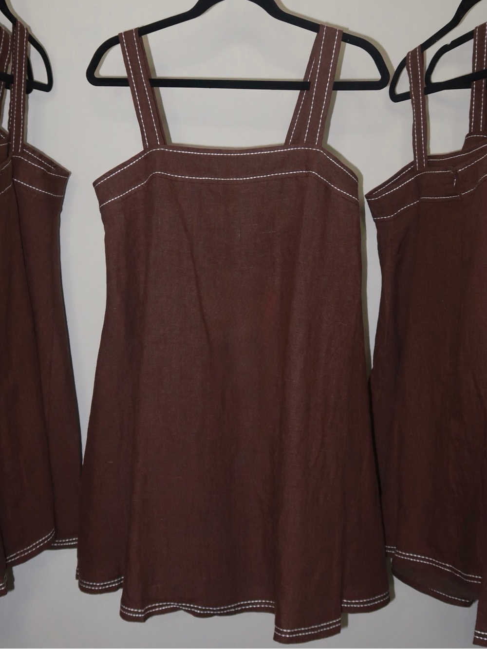 Brown Linen-Blend Slip Dress with Contrast Stitching